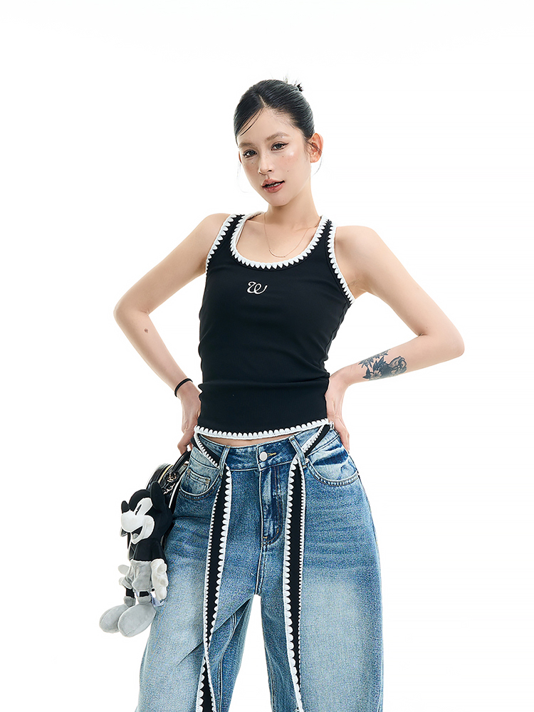 Color-Block Embroidered U-Neck Sleeveless Vest for Women - Summer Korean Style Slim Fit Versatile Off-Shoulder Top