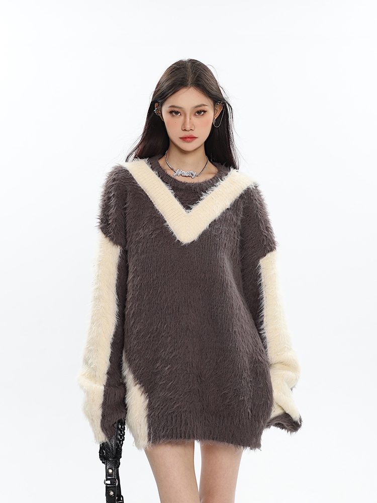 Color-Block Imitation Mink V-Neck Long Sleeve Sweater for Women - Lazy Style Autumn Winter Fashion Essential