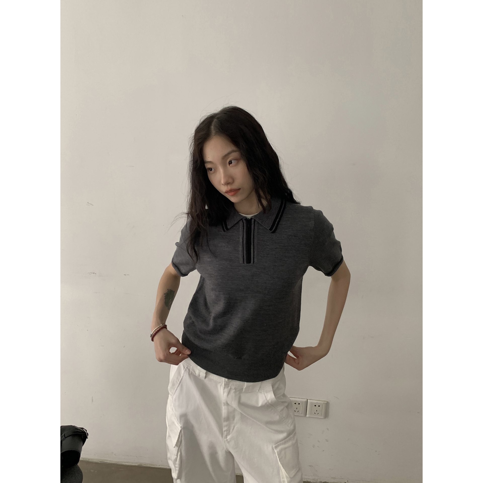 Color-Block Knitted T-Shirt for Men and Women - Retro American Polo Style, Short Sleeve Summer Casual Top, Trendy 90s Vibe