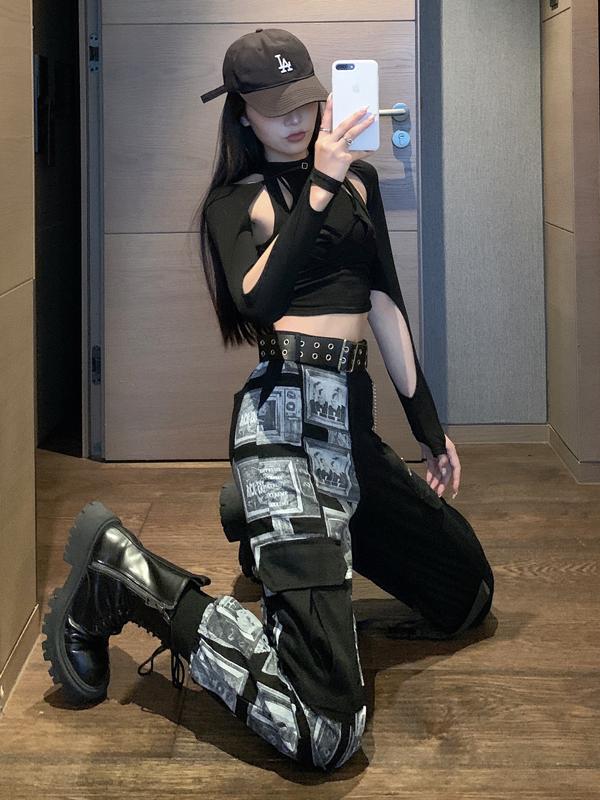 Color-Block Layered K-Pop Tie-Up Top and Performance Work Pants Set - Cool Spicy Girl Group Style Jazz Dance Outfit for Women