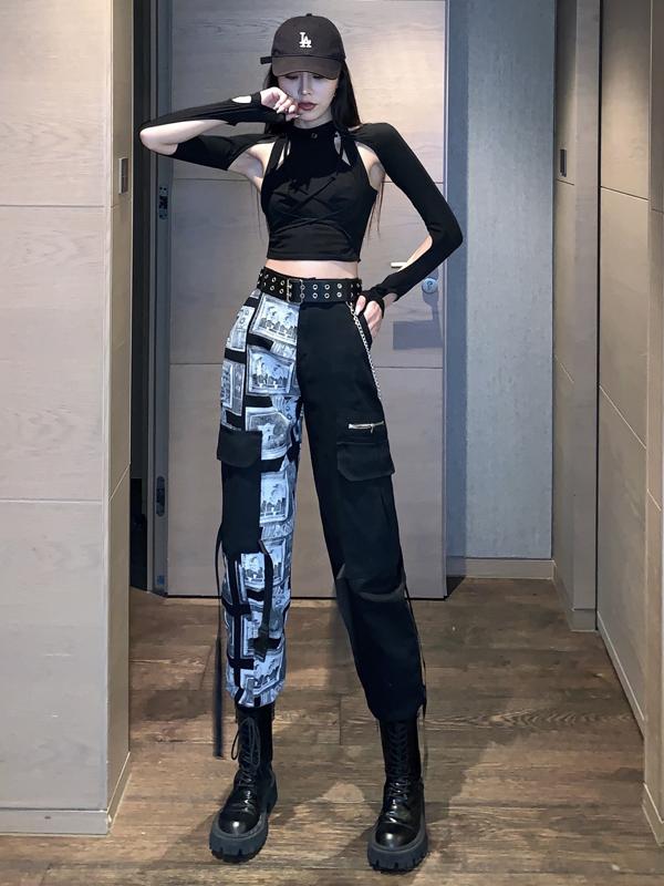 Color-Block Layered K-Pop Tie-Up Top and Performance Work Pants Set - Cool Spicy Girl Group Style Jazz Dance Outfit for Women Color-Block Layered K-Pop Tie-Up Top and Performance Work Pants Set - Cool Spicy Girl Group Style Jazz Dance Outfit for Women