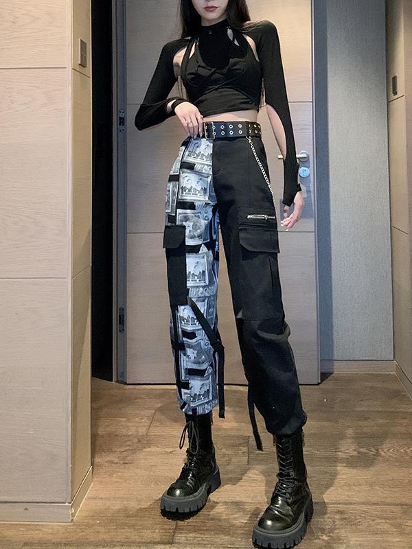 Color-Block Layered K-Pop Tie-Up Top and Performance Work Pants Set - Cool Spicy Girl Group Style Jazz Dance Outfit for Women