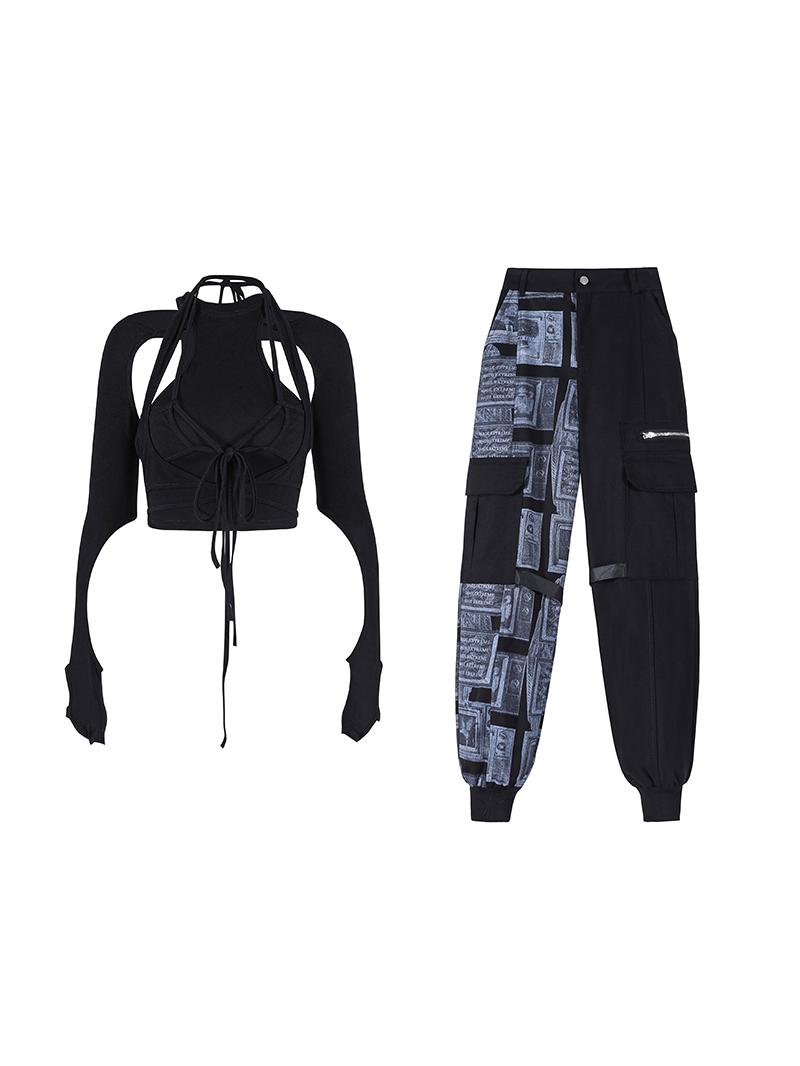 Color-Block Layered K-Pop Tie-Up Top and Performance Work Pants Set - Cool Spicy Girl Group Style Jazz Dance Outfit for Women Color-Block Layered K-Pop Tie-Up Top and Performance Work Pants Set - Cool Spicy Girl Group Style Jazz Dance Outfit for Women