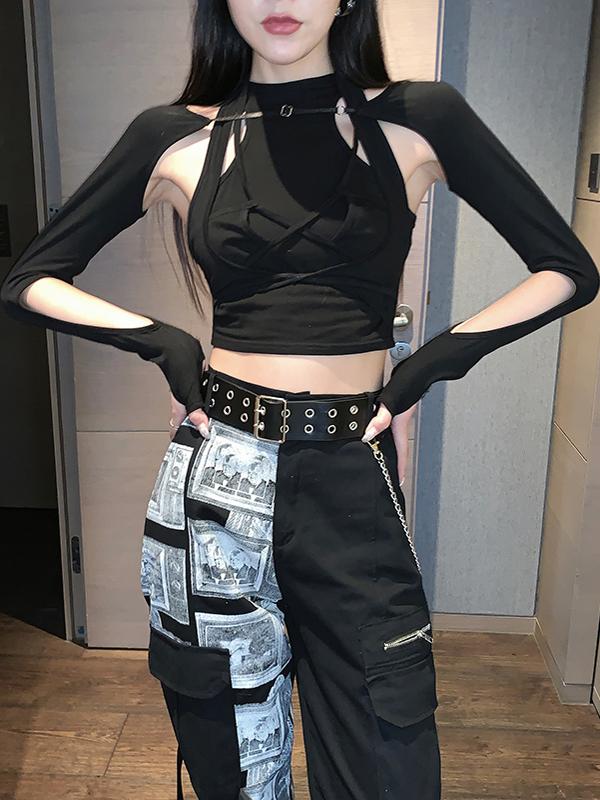 Color-Block Layered K-Pop Tie-Up Top and Performance Work Pants Set - Cool Spicy Girl Group Style Jazz Dance Outfit for Women Color-Block Layered K-Pop Tie-Up Top and Performance Work Pants Set - Cool Spicy Girl Group Style Jazz Dance Outfit for Women