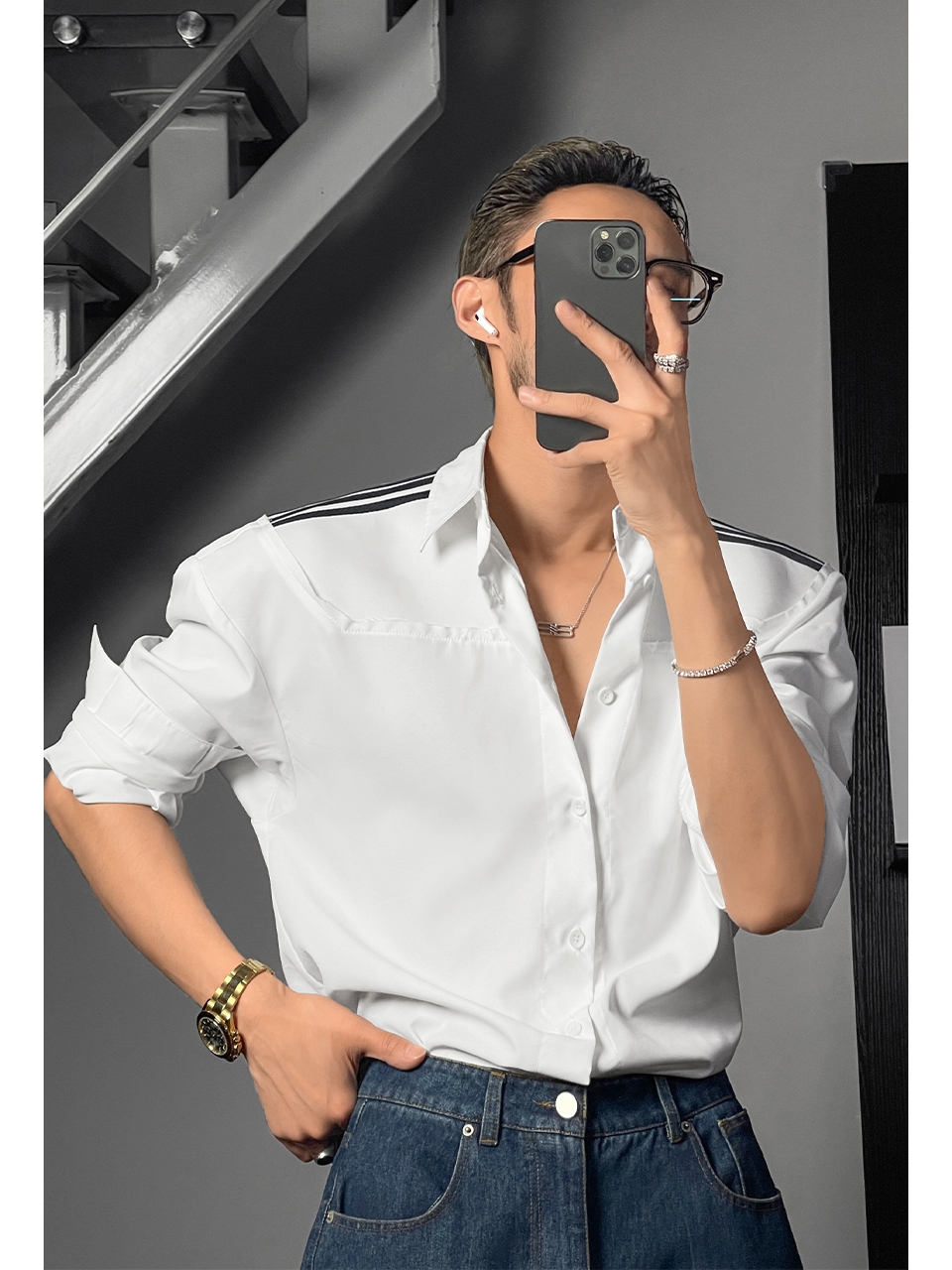 Color Block Loose Shirt with Shoulder Line Design - Trendy High-End Minimalist Style for Spring Summer Fashion