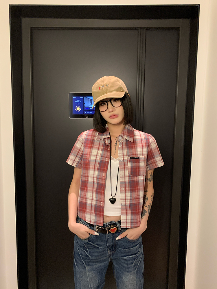 Color Block Plaid Short Sleeve Shirt for Women - American Vintage Loose Casual Top for Spring/Summer Sun Protection