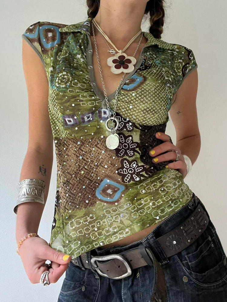 Color Block Printed Cuffed V-Neck T-Shirt for Women - Hot Girl Style, Personality Slim Fit Short Top, Y2K Fashion