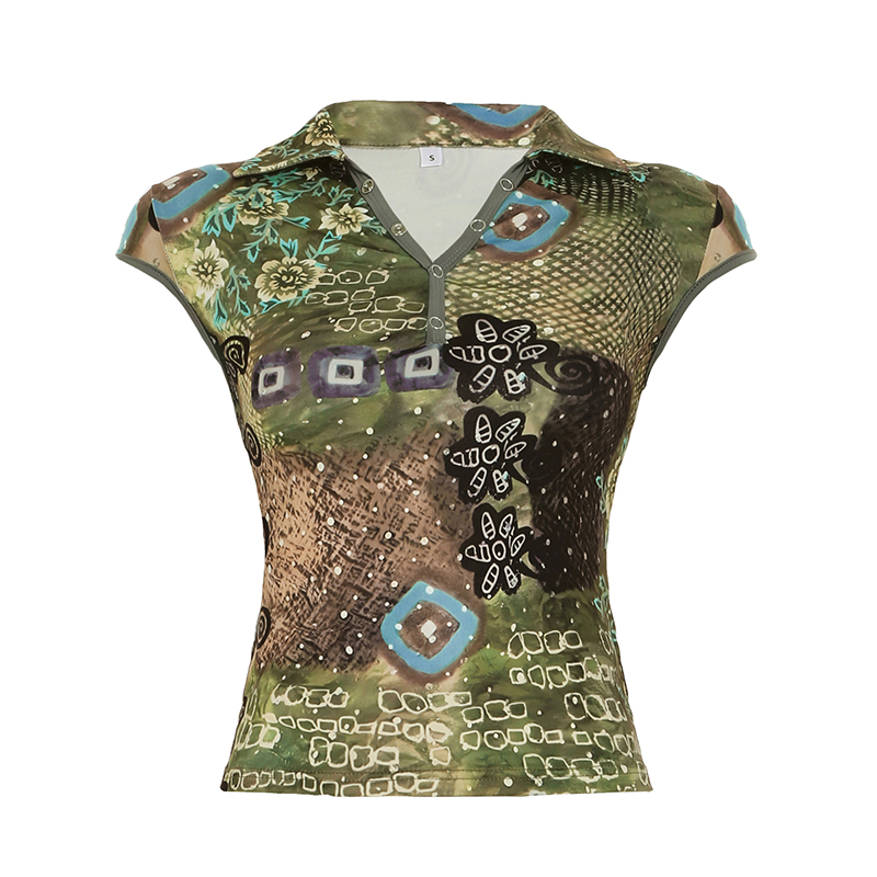 Color Block Printed Cuffed V-Neck T-Shirt for Women - Hot Girl Style, Personality Slim Fit Short Top, Y2K Fashion