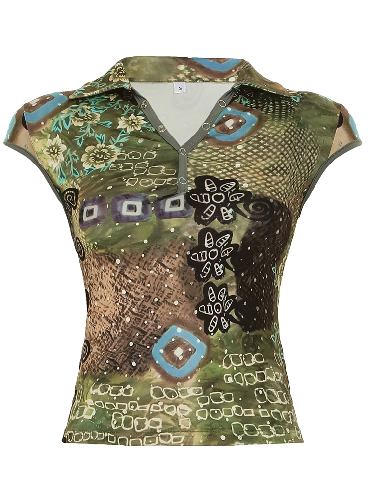 Color Block Printed Cuffed V-Neck T-Shirt for Women - Hot Girl Style, Personality Slim Fit Short Top, Y2K Fashion Color Block Printed Cuffed V-Neck T-Shirt for Women - Hot Girl Style, Personality Slim Fit Short Top, Y2K Fashion