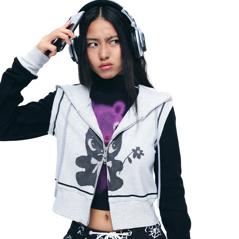 Color-Block Printed Slim-Fit Hooded Sweatshirt Cardigan Zip-Up Short Jacket for Women - Trendy Casual Layering Piece Color-Block Printed Slim-Fit Hooded Sweatshirt Cardigan Zip-Up Short Jacket for Women - Trendy Casual Layering Piece