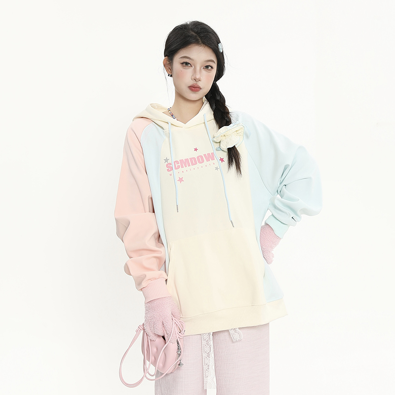 Color Block Spliced Hoodie for Women - Sweet Girl Loose Fit Autumn Jacket in Korean Style