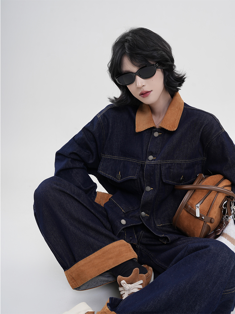 Color-Block Spliced Lapel Long Sleeve Denim Jacket for Women - Retro Casual Spring Top in Korean Style, Loose Fit Color-Block Spliced Lapel Long Sleeve Denim Jacket for Women - Retro Casual Spring Top in Korean Style, Loose Fit