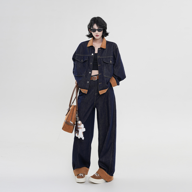 Color-Block Spliced Lapel Long Sleeve Denim Jacket for Women - Retro Casual Spring Top in Korean Style, Loose Fit Color-Block Spliced Lapel Long Sleeve Denim Jacket for Women - Retro Casual Spring Top in Korean Style, Loose Fit