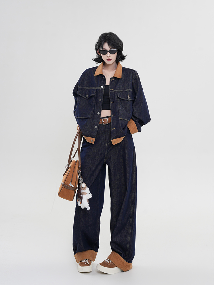 Color-Block Spliced Lapel Long Sleeve Denim Jacket for Women - Retro Casual Spring Top in Korean Style, Loose Fit Color-Block Spliced Lapel Long Sleeve Denim Jacket for Women - Retro Casual Spring Top in Korean Style, Loose Fit