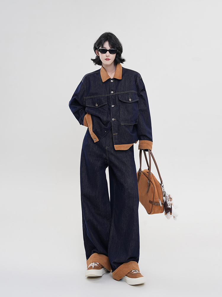 Color-Block Spliced Lapel Long Sleeve Denim Jacket for Women - Retro Casual Spring Top in Korean Style, Loose Fit