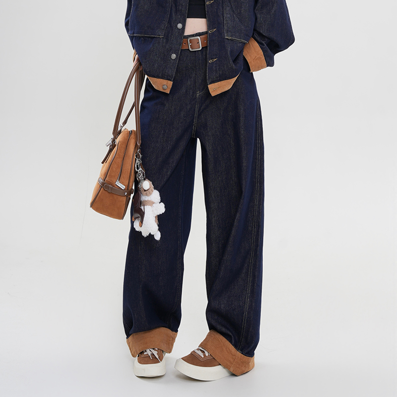 Color-Block Spliced Lapel Long Sleeve Denim Jacket for Women - Retro Casual Spring Top in Korean Style, Loose Fit Color-Block Spliced Lapel Long Sleeve Denim Jacket for Women - Retro Casual Spring Top in Korean Style, Loose Fit