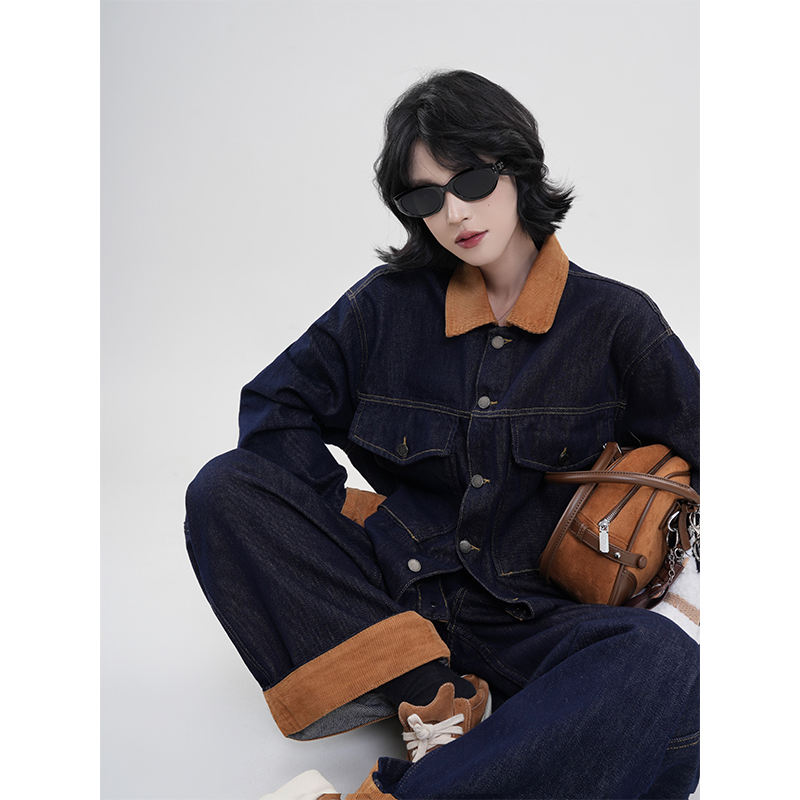 Color-Block Spliced Lapel Long Sleeve Denim Jacket for Women - Retro Casual Spring Top in Korean Style, Loose Fit