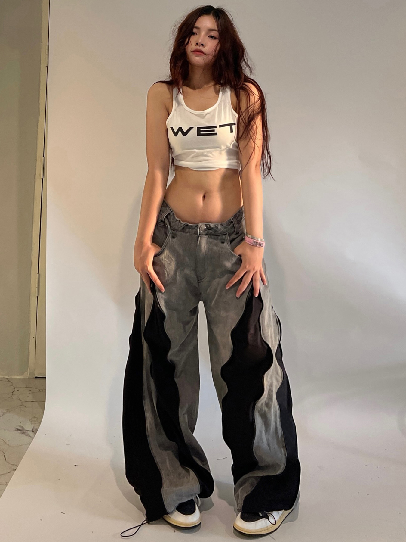 Color-Blocked American Retro Zipper Design Wide-Leg Denim Pants for Women - Street Fashion Loose Fit Trousers