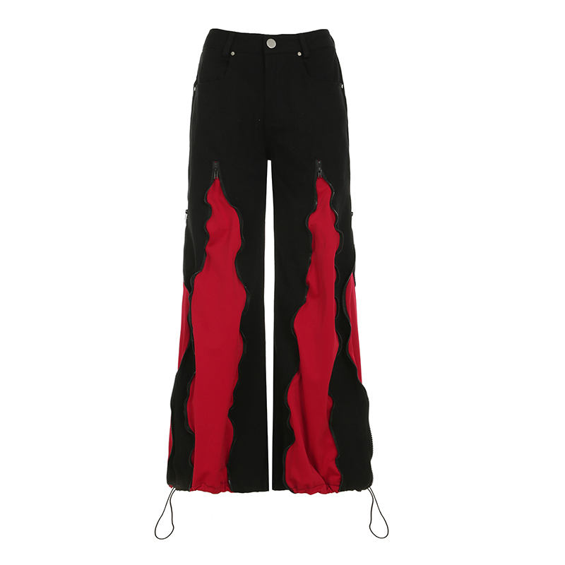 Color-Blocked American Retro Zipper Design Wide-Leg Denim Pants for Women - Street Fashion Loose Fit Trousers Color-Blocked American Retro Zipper Design Wide-Leg Denim Pants for Women - Street Fashion Loose Fit Trousers