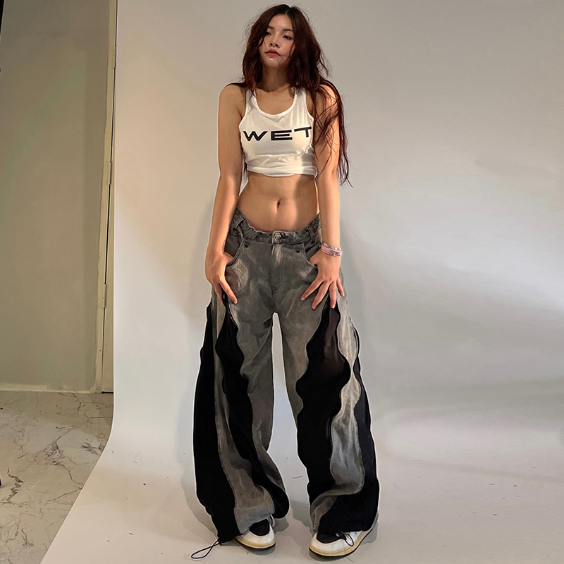Color-Blocked American Retro Zipper Design Wide-Leg Denim Pants for Women - Street Fashion Loose Fit Trousers