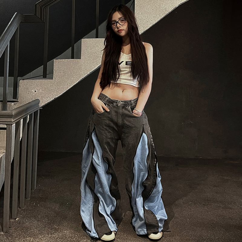 Color-Blocked American Retro Zipper Design Wide-Leg Denim Pants for Women - Street Fashion Loose Fit Trousers Color-Blocked American Retro Zipper Design Wide-Leg Denim Pants for Women - Street Fashion Loose Fit Trousers