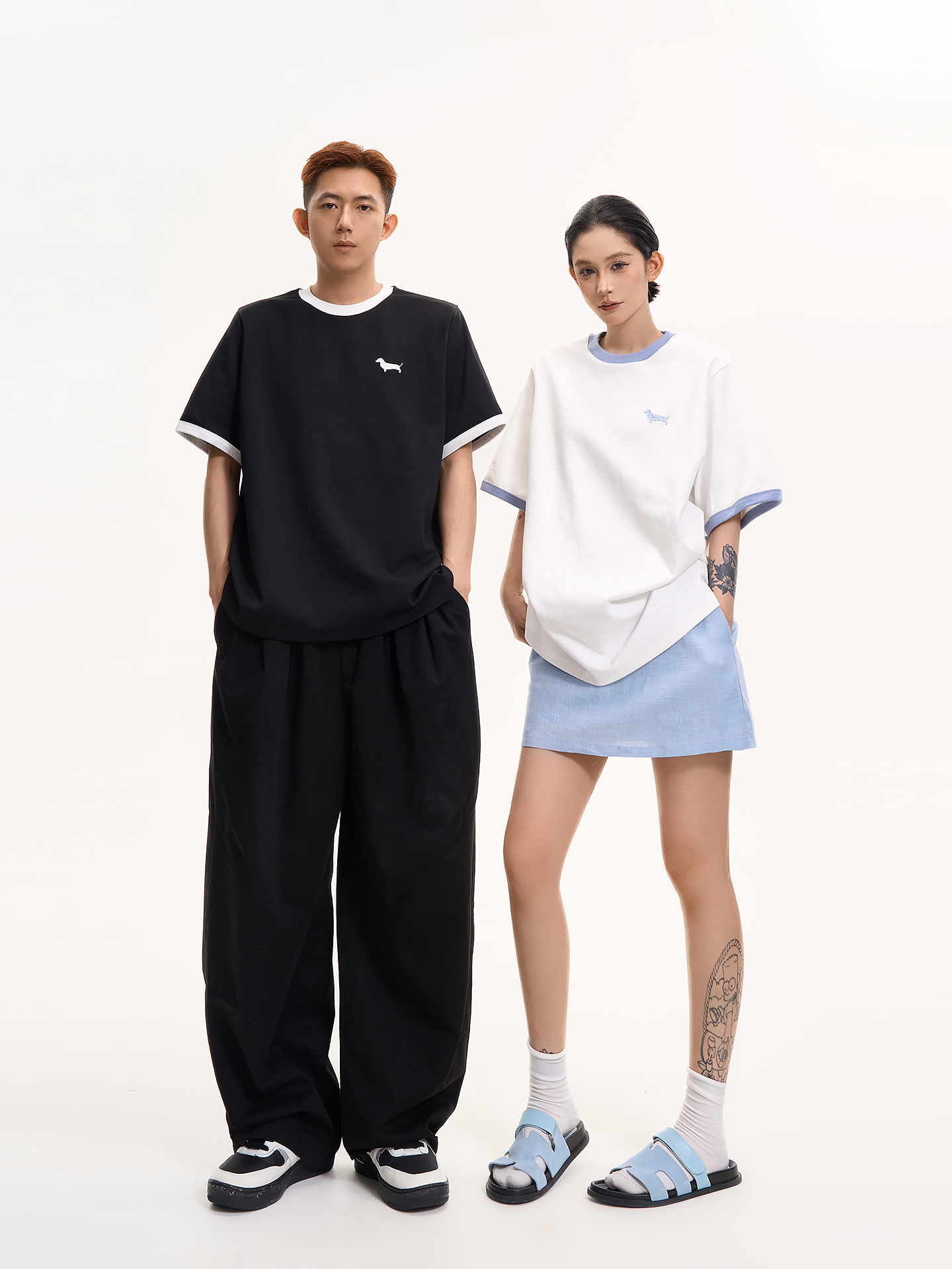 Color-Blocked Dog Embroidery Round Neck Short Sleeve T-Shirt for Women - Summer Loose Slimming Versatile Top in Korean Style