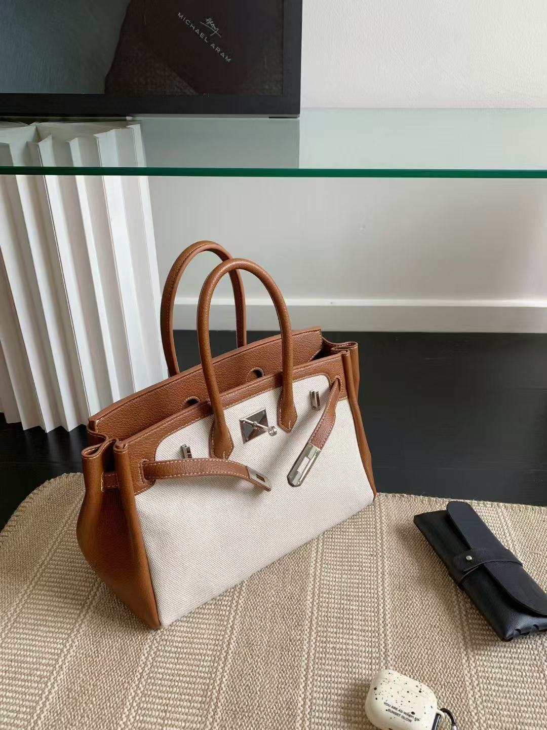 Color-Blocked Lightweight Luxury Canvas Handbag - Versatile Kelly Style Shoulder & Crossbody Bag for Everyday Chic