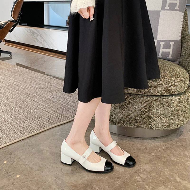 Color-Blocked One-Strap Mary Jane Shoes in Genuine Leather, French Retro Low-Heeled Chunky Mid-Heels, Stylish Vintage Footwear