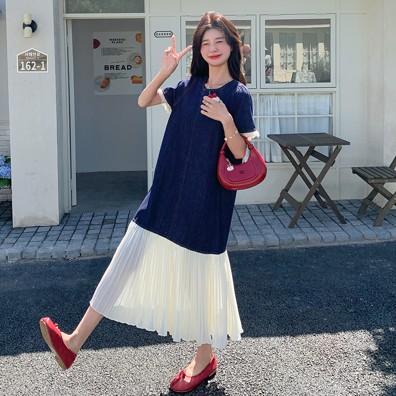 Color-Blocked Patchwork Denim Dress for Women - Summer Mermaid Long Dress with High-End Feel, Age-Reducing Style