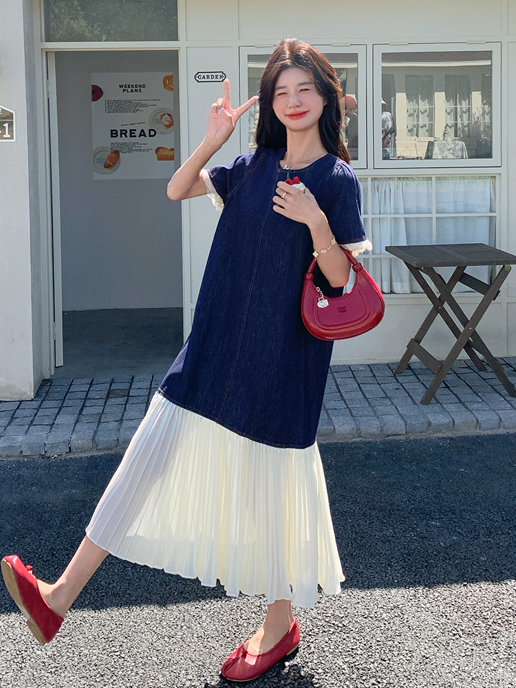 Color-Blocked Patchwork Denim Dress for Women - Summer Mermaid Long Dress with High-End Feel, Age-Reducing Style