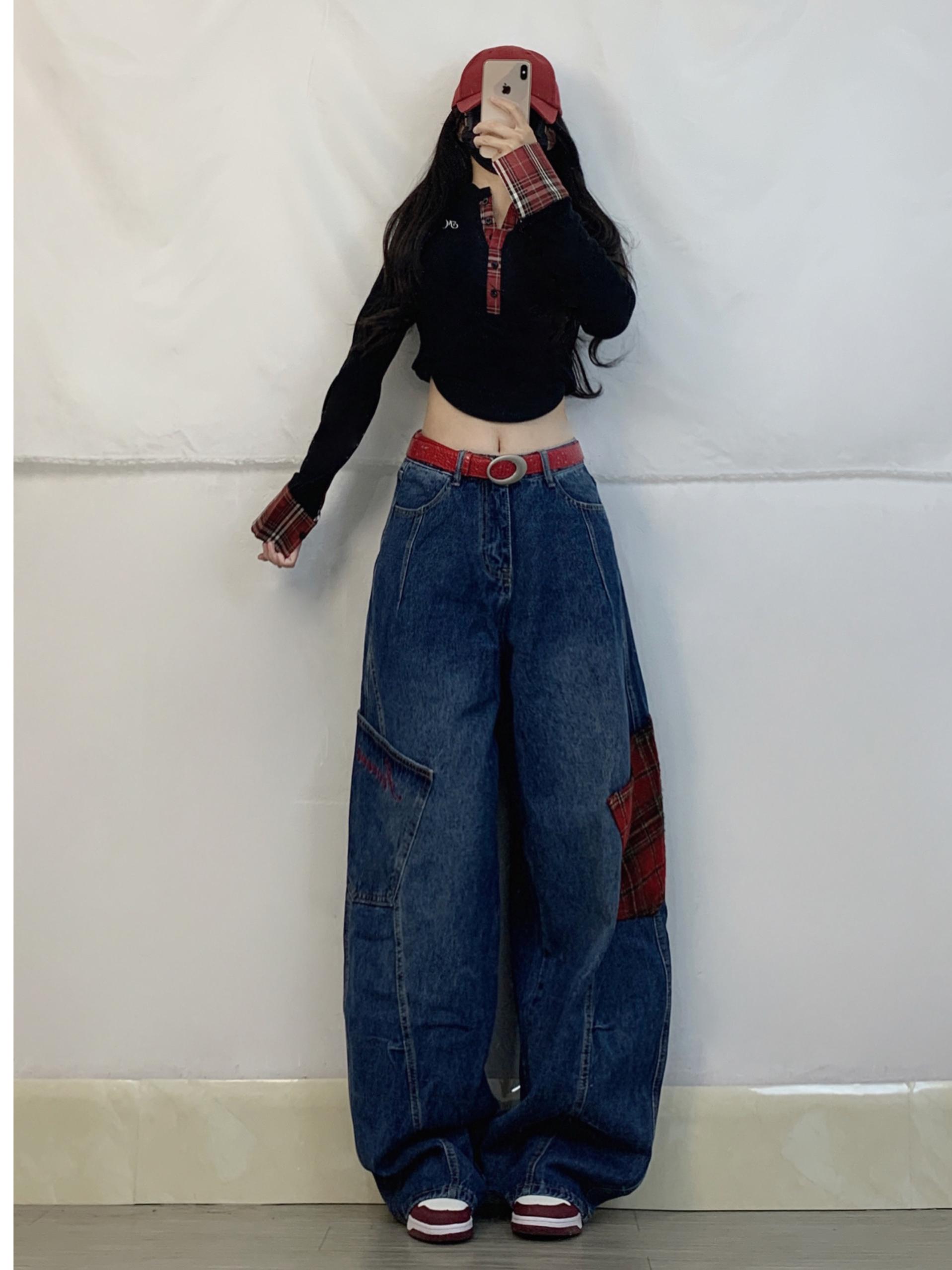 Color-Blocked Plaid Splicing American Jazz Dance Suit for Women with Curved Knife Jeans, Unique Design Top, Y2K Style Color-Blocked Plaid Splicing American Jazz Dance Suit for Women with Curved Knife Jeans, Unique Design Top, Y2K Style