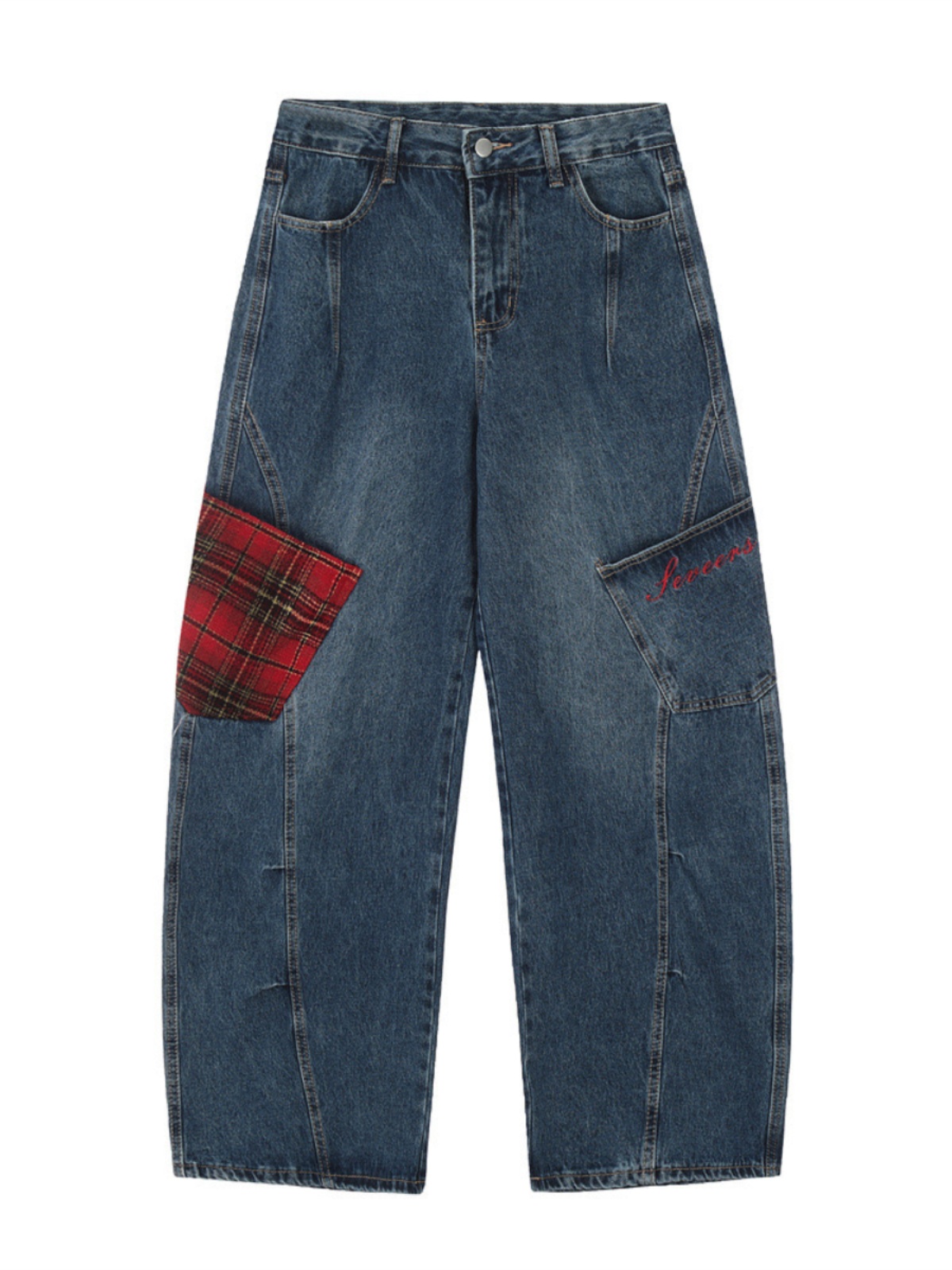 Color-Blocked Plaid Splicing American Jazz Dance Suit for Women with Curved Knife Jeans, Unique Design Top, Y2K Style Color-Blocked Plaid Splicing American Jazz Dance Suit for Women with Curved Knife Jeans, Unique Design Top, Y2K Style