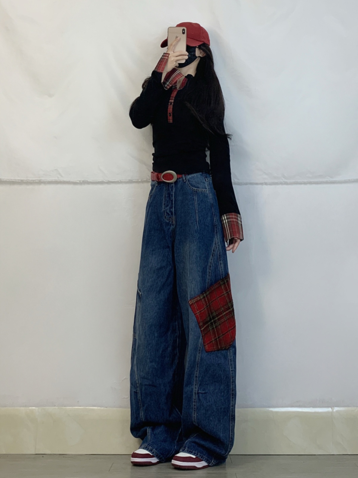 Color-Blocked Plaid Splicing American Jazz Dance Suit for Women with Curved Knife Jeans, Unique Design Top, Y2K Style