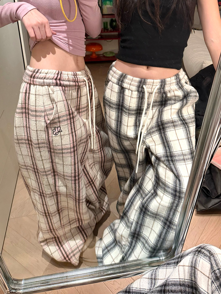 Color-Blocked Plaid Wide-Leg Straight Pants for Men and Women - 2025 American Retro Casual Draped Slim-Fit Long Trousers