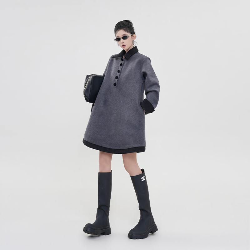 Color-Blocked Polo Collar Long Sleeve Dress for Women - Thickened Winter Korean Style Loose Warm Dress Color-Blocked Polo Collar Long Sleeve Dress for Women - Thickened Winter Korean Style Loose Warm Dress