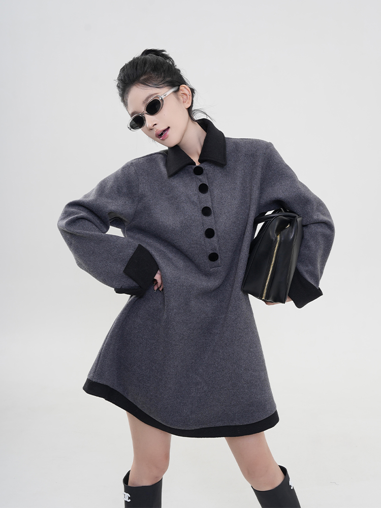 Color-Blocked Polo Collar Long Sleeve Dress for Women - Thickened Winter Korean Style Loose Warm Dress Color-Blocked Polo Collar Long Sleeve Dress for Women - Thickened Winter Korean Style Loose Warm Dress
