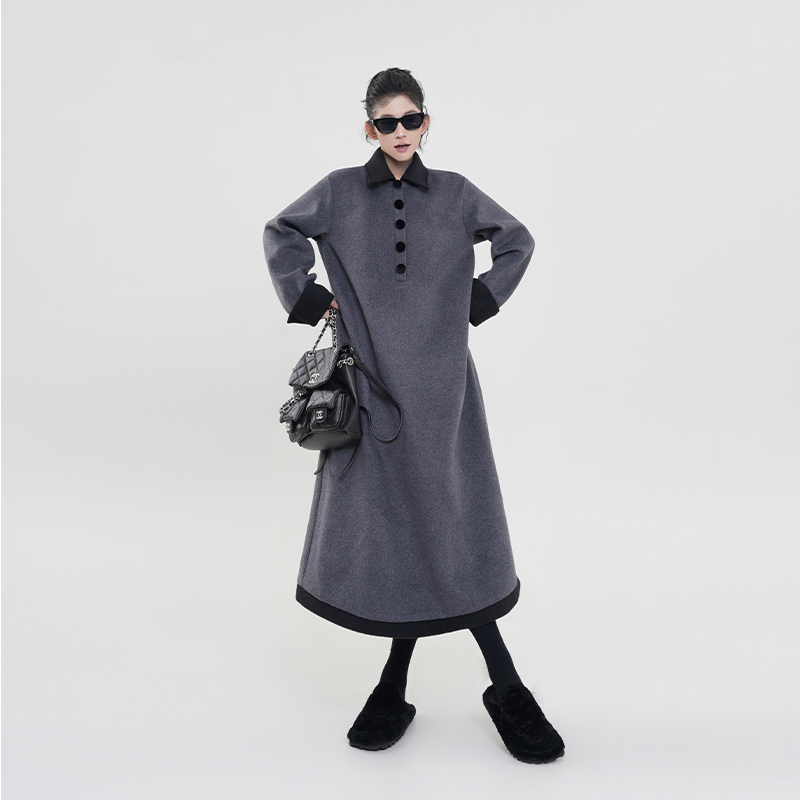 Color-Blocked Polo Collar Long Sleeve Dress for Women - Thickened Winter Korean Style Loose Warm Dress