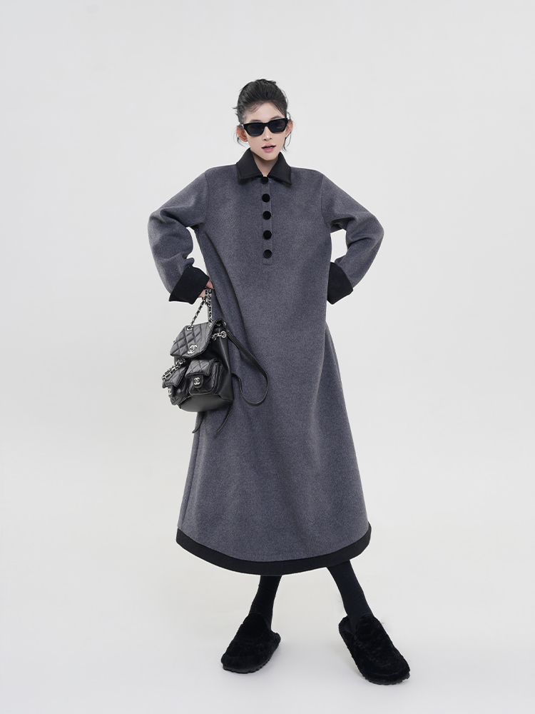 Color-Blocked Polo Collar Long Sleeve Dress for Women - Thickened Winter Korean Style Loose Warm Dress