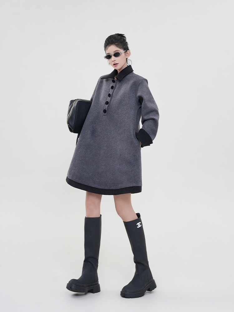 Color-Blocked Polo Collar Long Sleeve Dress for Women - Thickened Winter Korean Style Loose Warm Dress Color-Blocked Polo Collar Long Sleeve Dress for Women - Thickened Winter Korean Style Loose Warm Dress