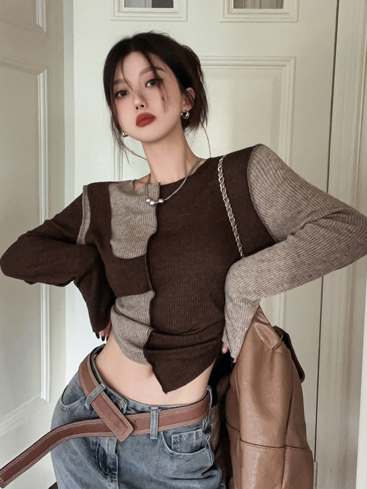 Color-Blocked Short Top for Women - European Wasteland Style, Y2K Aesthetic, K-Pop Festival Outfit, Jazz Knitted Layer