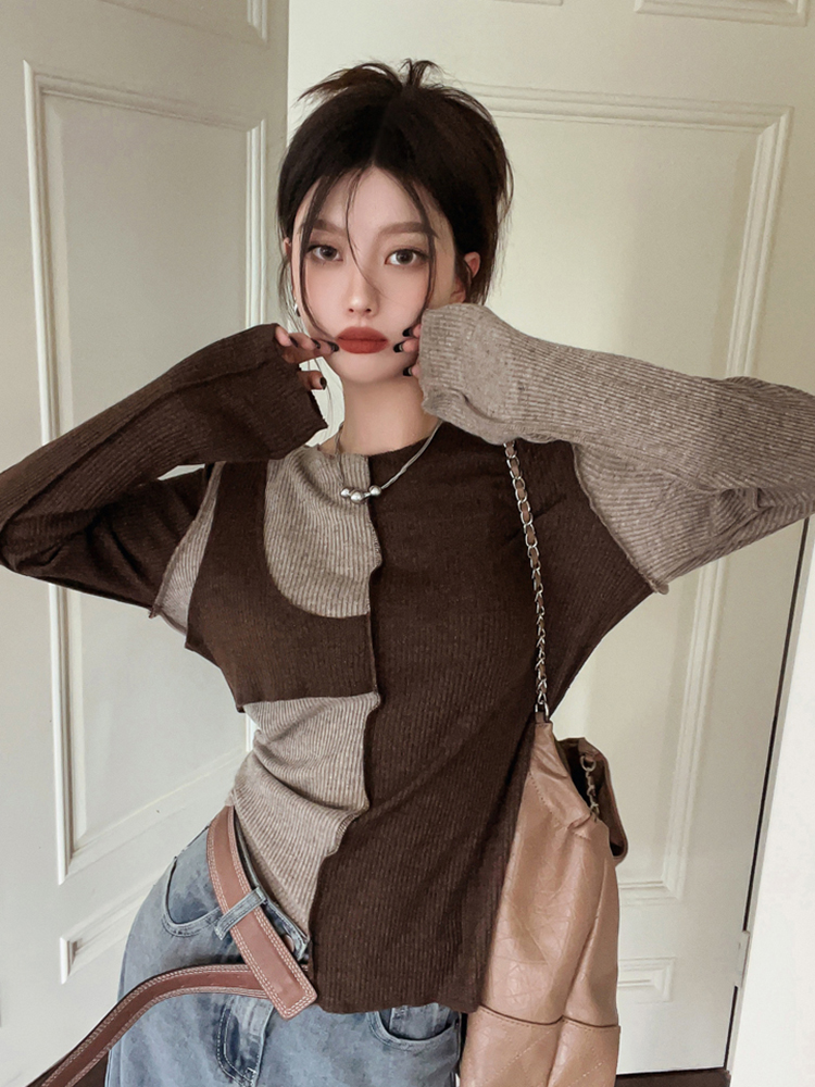 Color-Blocked Short Top for Women - European Wasteland Style, Y2K Aesthetic, K-Pop Festival Outfit, Jazz Knitted Layer Color-Blocked Short Top for Women - European Wasteland Style, Y2K Aesthetic, K-Pop Festival Outfit, Jazz Knitted Layer