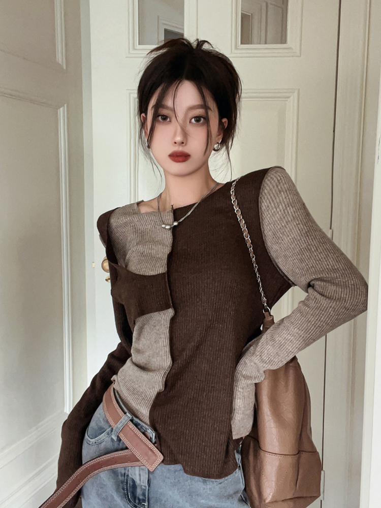 Color-Blocked Short Top for Women - European Wasteland Style, Y2K Aesthetic, K-Pop Festival Outfit, Jazz Knitted Layer Color-Blocked Short Top for Women - European Wasteland Style, Y2K Aesthetic, K-Pop Festival Outfit, Jazz Knitted Layer