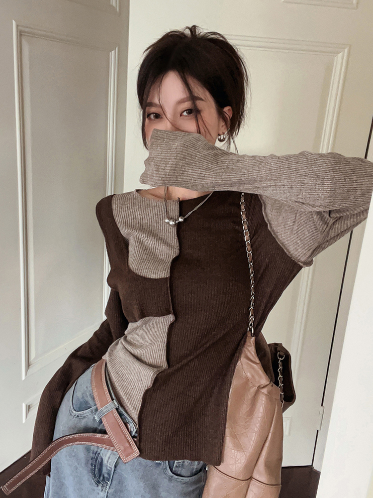 Color-Blocked Short Top for Women - European Wasteland Style, Y2K Aesthetic, K-Pop Festival Outfit, Jazz Knitted Layer Color-Blocked Short Top for Women - European Wasteland Style, Y2K Aesthetic, K-Pop Festival Outfit, Jazz Knitted Layer