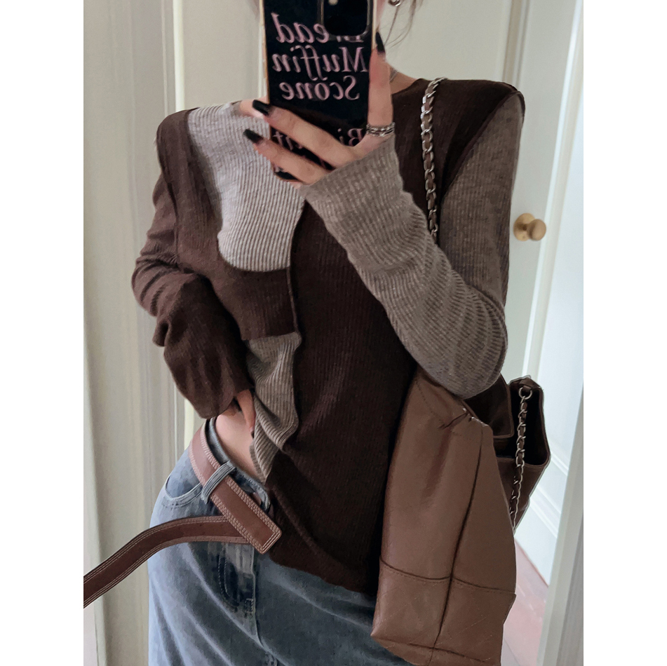 Color-Blocked Short Top for Women - European Wasteland Style, Y2K Aesthetic, K-Pop Festival Outfit, Jazz Knitted Layer