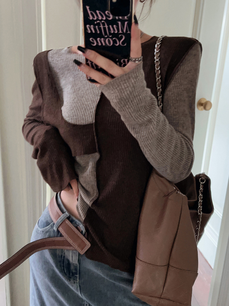 Color-Blocked Short Top for Women - European Wasteland Style, Y2K Aesthetic, K-Pop Festival Outfit, Jazz Knitted Layer Color-Blocked Short Top for Women - European Wasteland Style, Y2K Aesthetic, K-Pop Festival Outfit, Jazz Knitted Layer