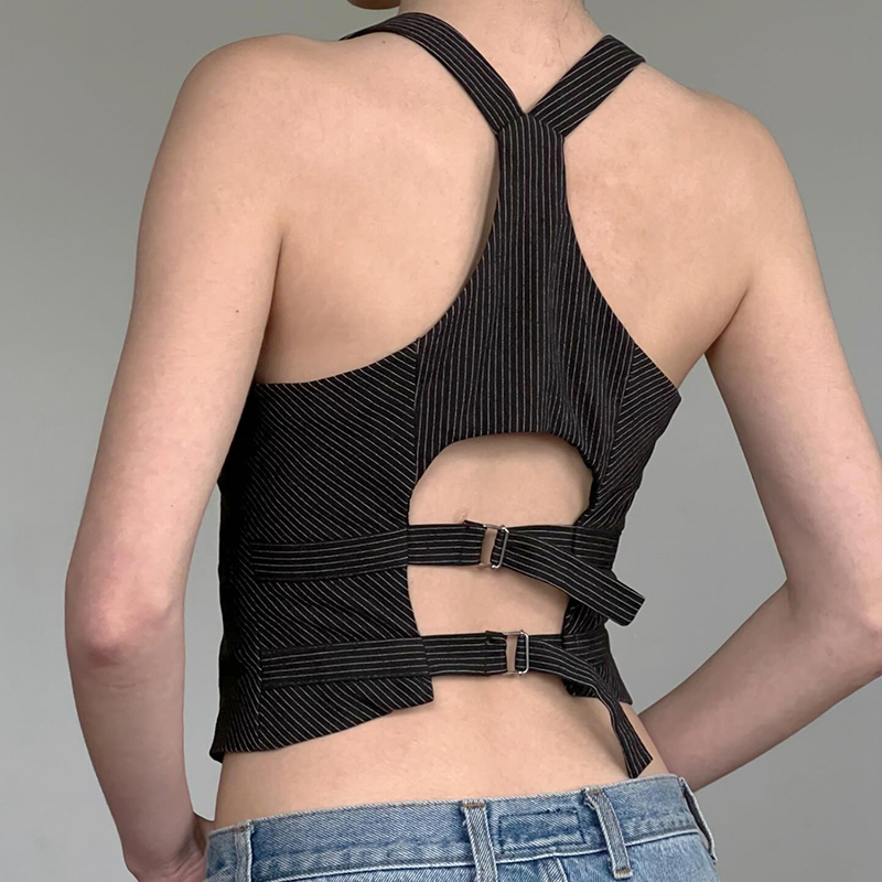 Color-Blocked Striped Deep V-Neck Suit Vest with Hollow Back and Sexy Slit - 90s Inspired Hot Girl Style Top