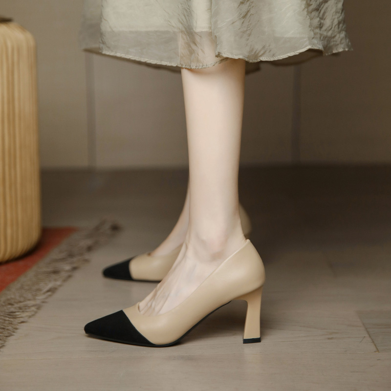 Color-Blocking Pointed Toe High-Heeled Shoes for Women - French Vintage Style, Patchwork Design, Chanel-Inspired, 2025 Trends