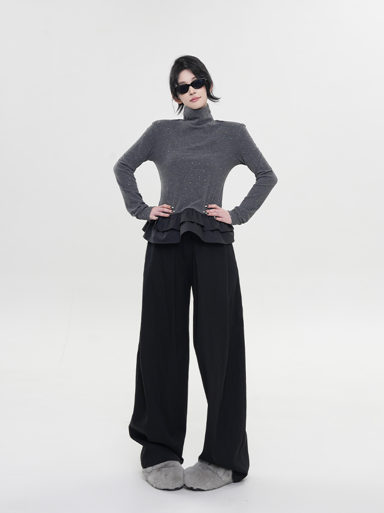 Color-Blocking Sequin High-Neck Long Sleeve T-Shirt for Women - Korean Style, Versatile Slim-Fit Base Layer Top for Autumn & Winter Color-Blocking Sequin High-Neck Long Sleeve T-Shirt for Women - Korean Style, Versatile Slim-Fit Base Layer Top for Autumn & Winter