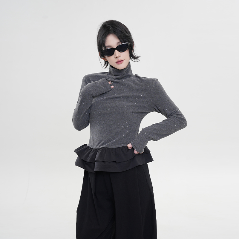 Color-Blocking Sequin High-Neck Long Sleeve T-Shirt for Women - Korean Style, Versatile Slim-Fit Base Layer Top for Autumn & Winter