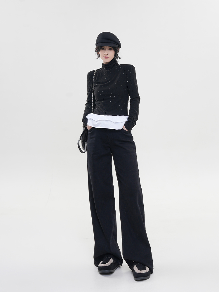 Color-Blocking Sequin High-Neck Long Sleeve T-Shirt for Women - Korean Style, Versatile Slim-Fit Base Layer Top for Autumn & Winter Color-Blocking Sequin High-Neck Long Sleeve T-Shirt for Women - Korean Style, Versatile Slim-Fit Base Layer Top for Autumn & Winter